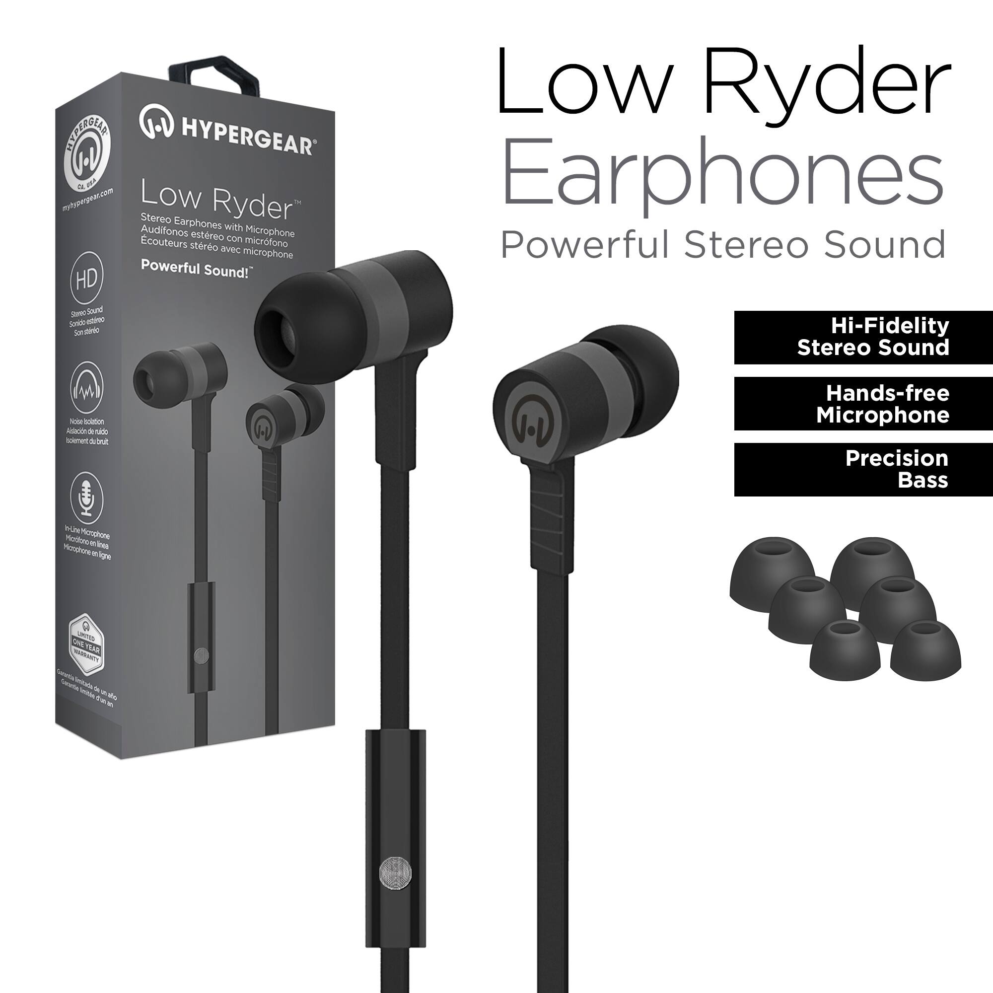 HYPERGEAR Low Ryder Stereo Earphones Audifonos with Microphone estreo con Ecouteurs streo microfono avec microphone Powerful Sound! HD Dec Sand Seato vd So - Sese Nate Anri * V- soenert A ol Low Ryder Earphones Powerful Stereo Sound Hi-Fidelity Stereo Sound Hands-free E Microphone Precision Bass - Holnuen Uhenghore