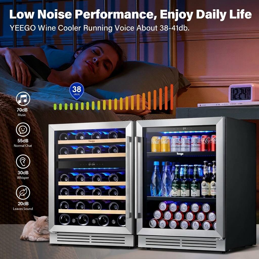 Low Noise Performance, Enjoy Daily Life  
YEEGO Wine Cooler Running Voice About 38-41db.

38  
70dB Music  
55dB Normal Chat  
30dB Whisper  
20dB Leaves Sound