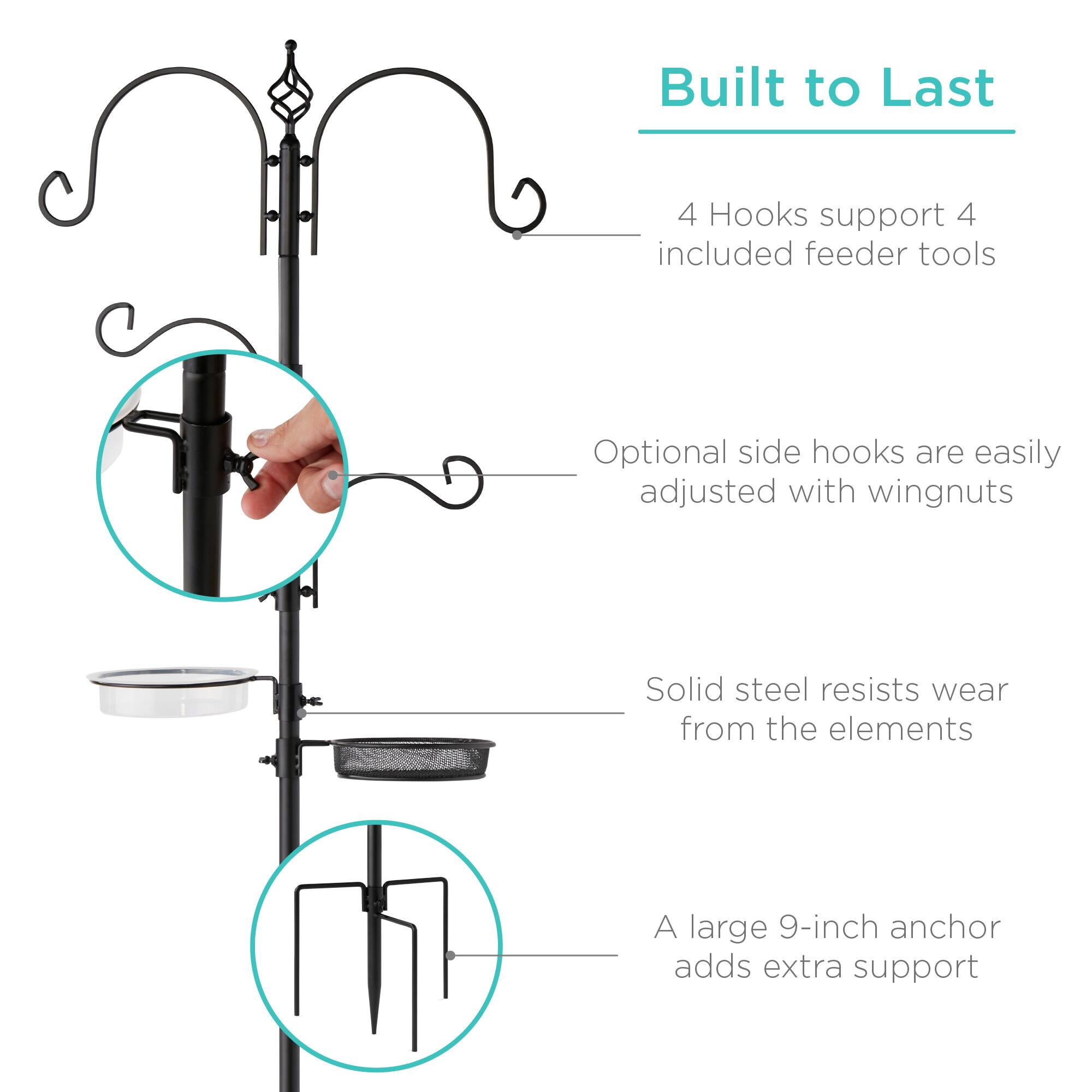 Built to Last

- 4 Hooks support 4 included feeder tools
- Optional side hooks are easily adjusted with wingnuts
- Solid steel resists wear from the elements
- A large 9-inch anchor adds extra support