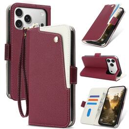 Dteck - Wallet Case for Apple iPhone 17 Pro Max,Slim PU Leather Flip Cover with Kickstand & Wrist Strap - Red