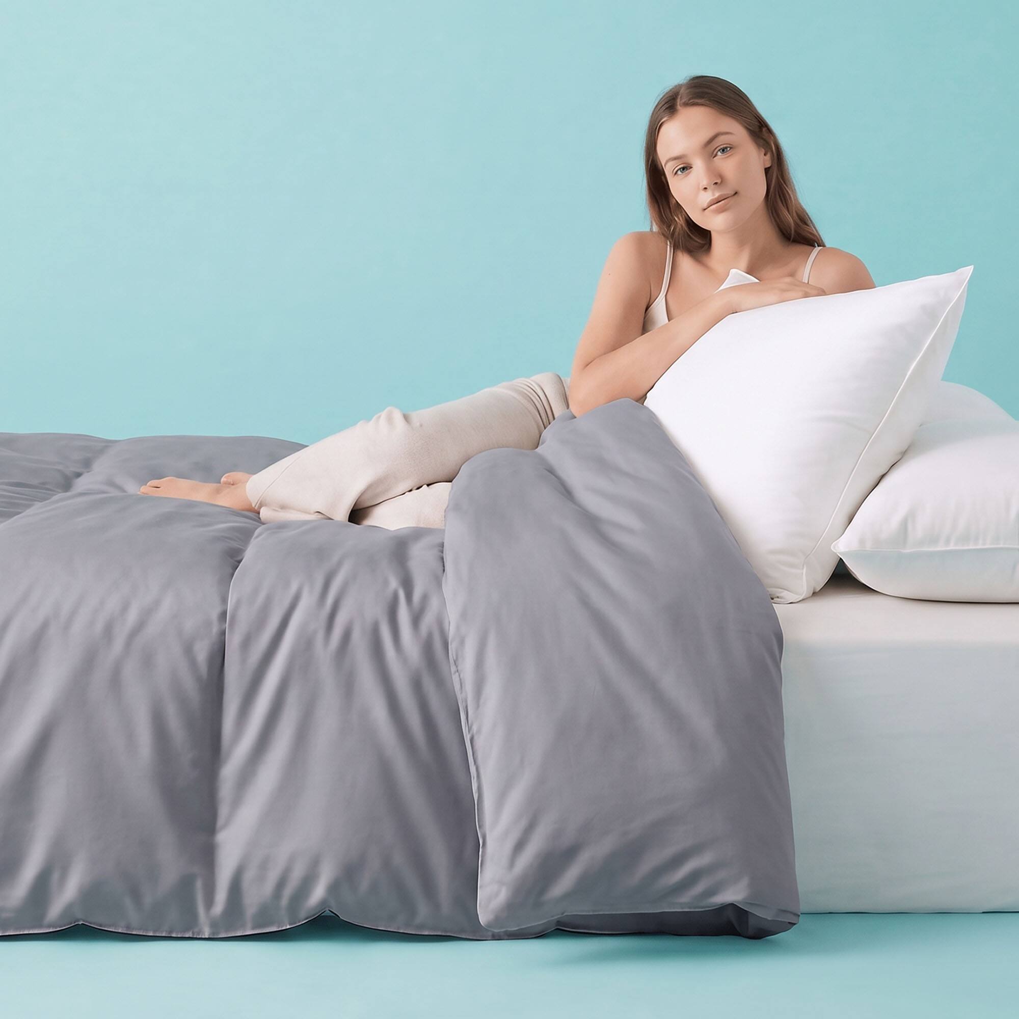 Alt View 4. Sleepgram - Sleepgram Supima 400 Thread Count Cotton Duvet Cover with Travel Bag, Twin, Grey - Grey.