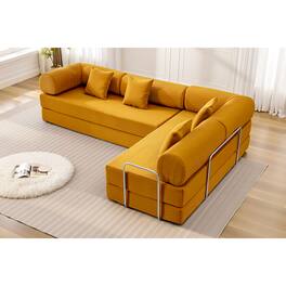 KERDOM - L-Shaped Corduroy Couch Chaise Lounge, 78'' Foldable Sofa Bed 2pcs Combined, Spliced Block Modular Sectional Sponge Sofa - Ginger Yellow