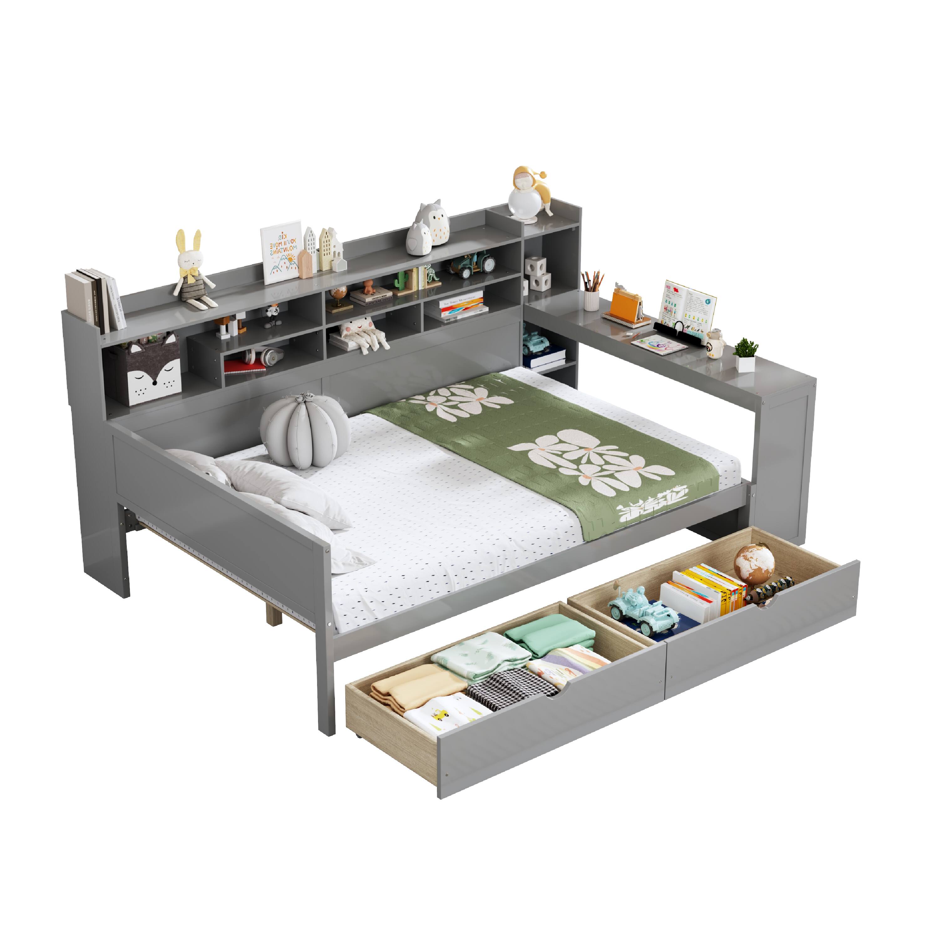Alt View 2. Tiramisubest - Wooden Full Size Daybed with Storage Shelves, Multi-functional Bed with Two Storage Drawers and  Study Desk, Gray - Gray.
