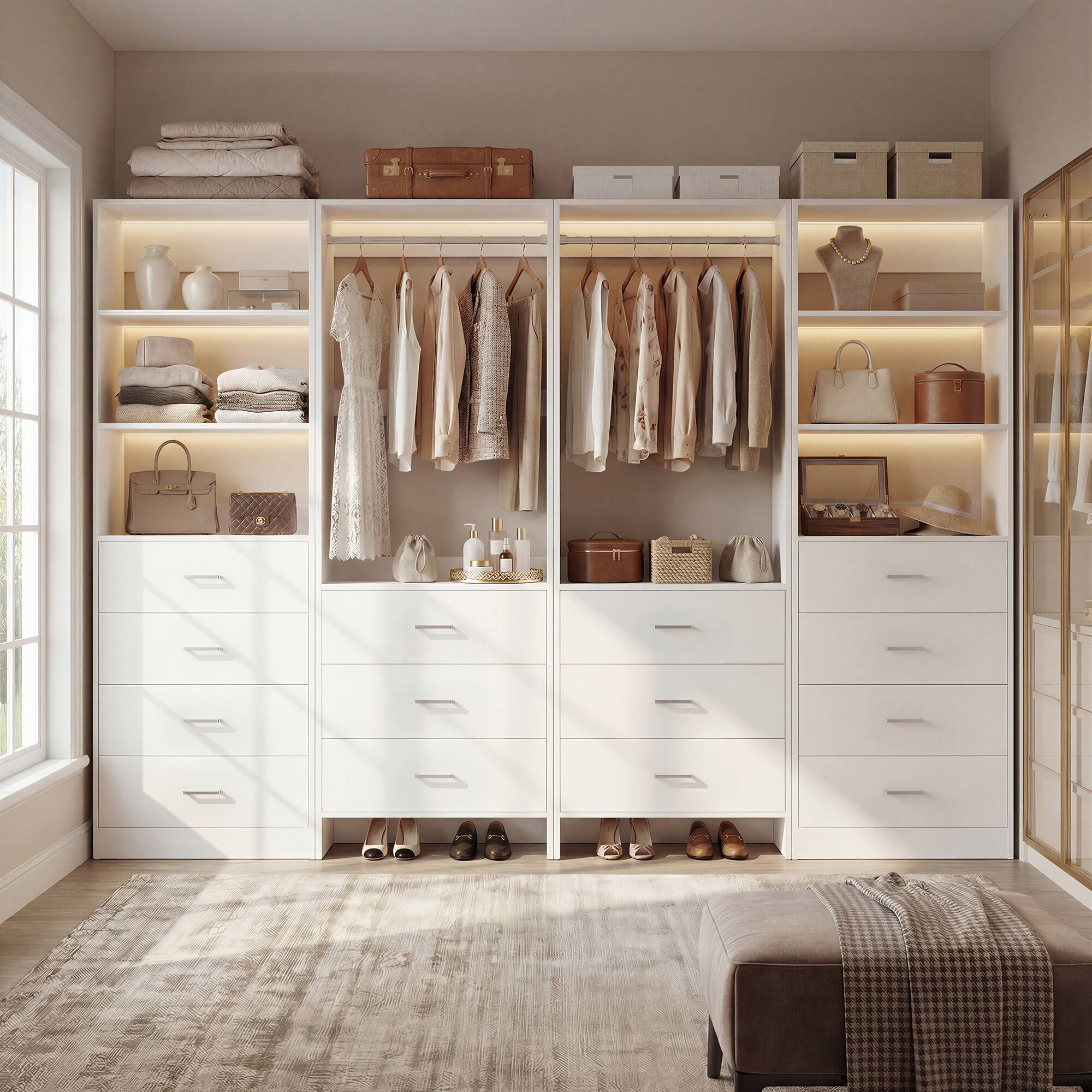 Alt View 3. Aheaplus - 90'' Walk-in Closet Organizer System with 14 Drawers, 2 Hanging Rods and Adjustable Shelves - White.