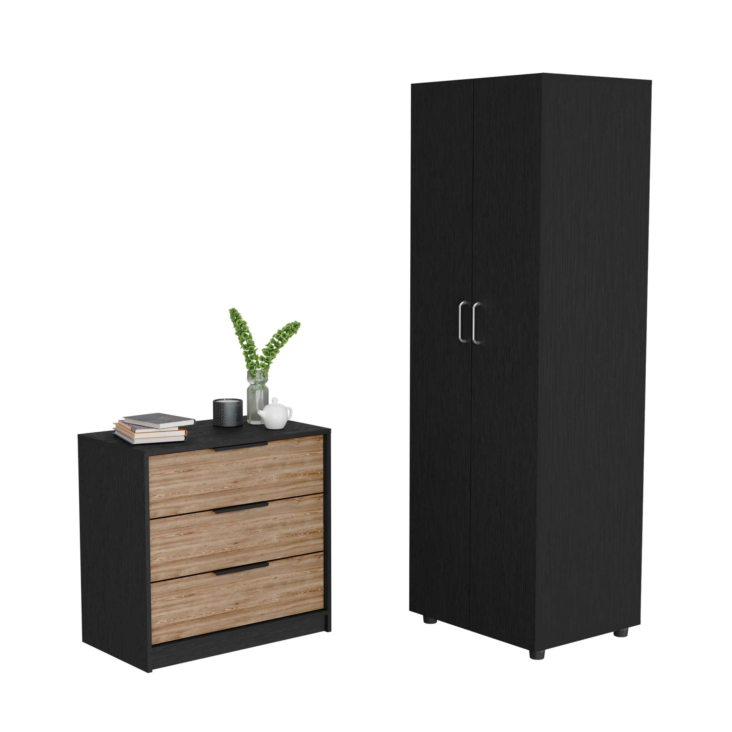 Angle. TinyHomie - 2 Piece Bedroom Set London Armoire + Egeo 3 Drawers Dresser Black / Pine - Black.