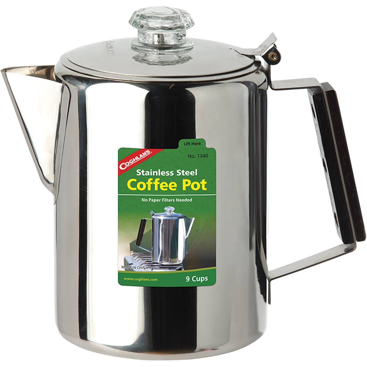 Lift Here  
No. 1340  
COGHLANS  
Stainless Steel Coffee Pot  
No Paper Filters Needed  
MASI N CHIACA  
www.coghlans.com  
9 Cups
