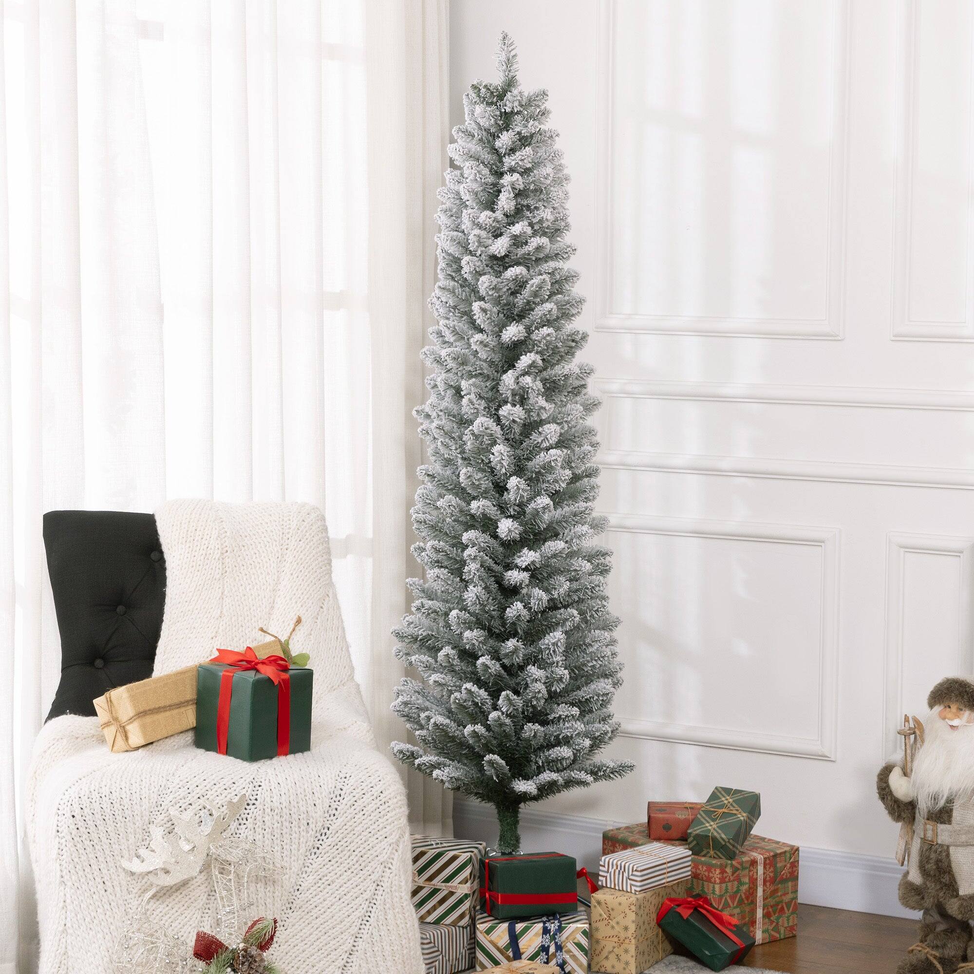 Alt View 4. BreeBe - 6ft Artificial Pencil Christmas Tree with 329 Snow Flocked Tips - Green.