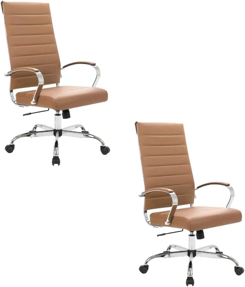 LeisureMod - Set of 2 Benmar High Back Ergonomic Leather Upholstered Office Chair with Adjustable Height and Padded Armrests - Brown