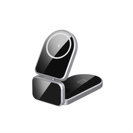 Front. RISOKEYS - Magnetic Foldable 3-in-1 Wireless Charger - Multi-Functional Wireless Charging Stand, Aluminum Alloy, Wireless Charging - Silver.