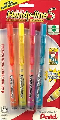Ultra Slim Handy-line S  
Ultra Barrel Slim  
Highlighter  
Retractable & Refillable  

4 Retractable Highlighters  
Ultra Slim Barrel  

Assorted Colors  
CH Chisel  

Compact Retractable Highlighter  

AP Certified  
Conforms to ASTM D-4236  

Spirits of Wonder  
Pentel  

22977