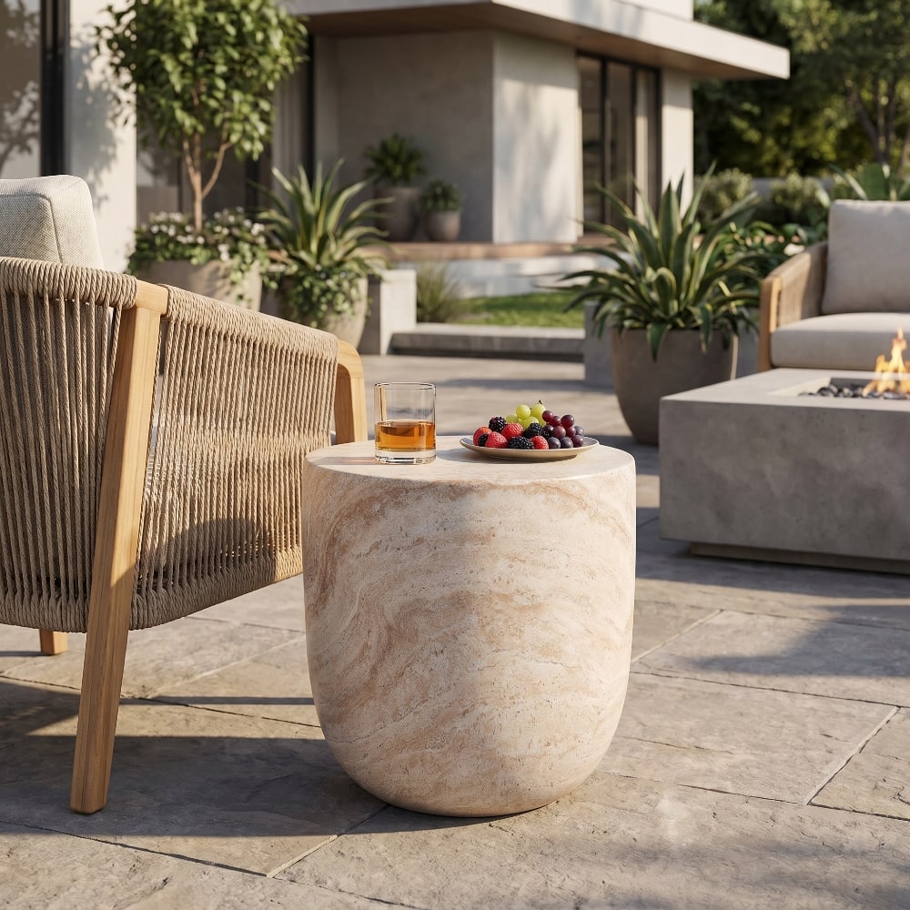 Loheer - Concrete Side Table Outdoor End Table Finish Barrel Side Table Lightweight Indoor Outdoor Table - Travertine price history on PriceWatchPro