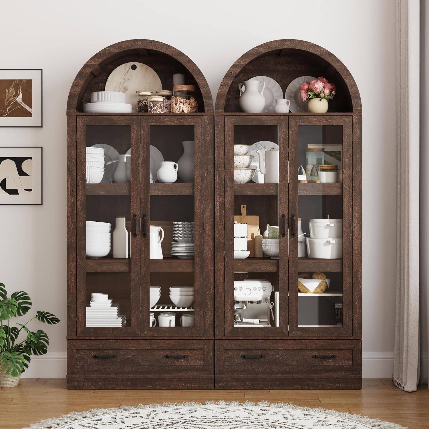 Left. Espafurni - 75" Tall Arched Kitchen Pantry Cabinet with Steel Pipe Support, Glass Doors & Drawer - Rustic Brown.