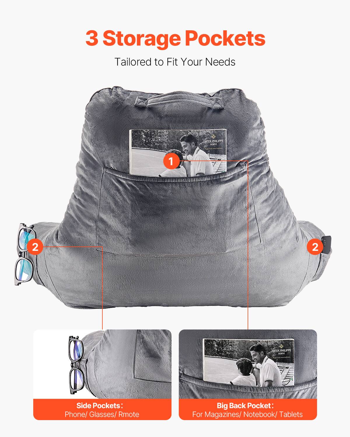 3 Storage Pockets  
Tailored to Fit Your Needs  

Side Pockets:  
Phone/ Glasses/ Remote  

Big Back Pocket:  
For Magazines/ Notebook/ Tablets