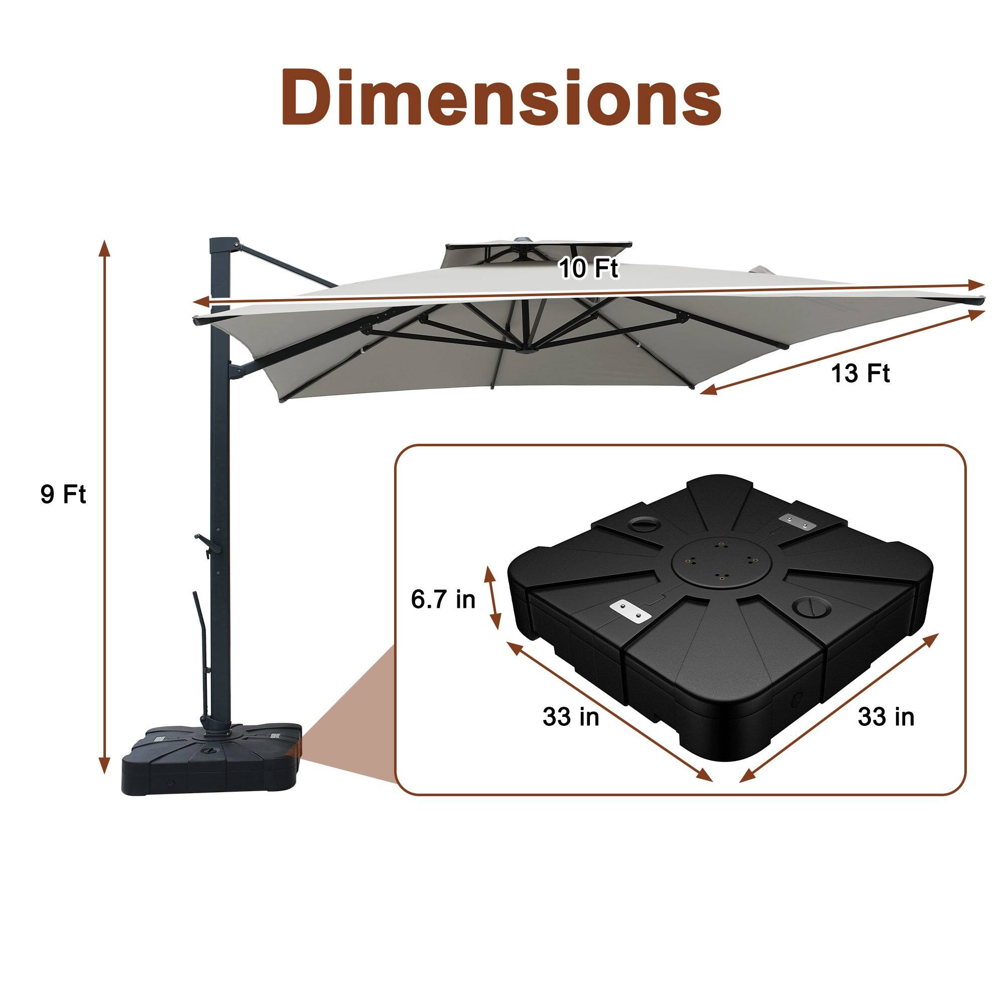 Dimensions: 10 Ft x 13 Ft, 9 Ft height, 33 in width, 33 in depth, 6.7 in height.