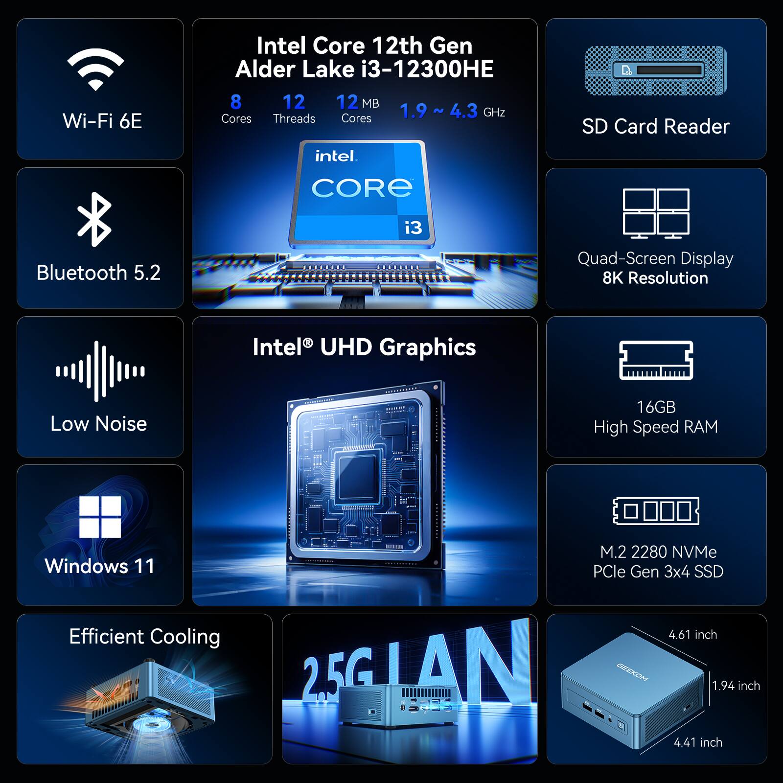 Wi-Fi 6E  
Intel Core 12th Gen Alder Lake i3-12300H  
8 Cores  
12 Threads  
12 MB  
1.9 - 4.3 GHz  
SD Card Reader  
Bluetooth 5.2  
Intel UHD Graphics  
Low Noise  
Quad-Screen Display  
8K Resolution  
16GB High Speed RAM  
M.2 2280 NVMe PCIe Gen 3x4 SSD  
Windows 11  
Efficient Cooling  
2.5G LAN  
4.61 inch  
1.94 inch  
4.41 inch