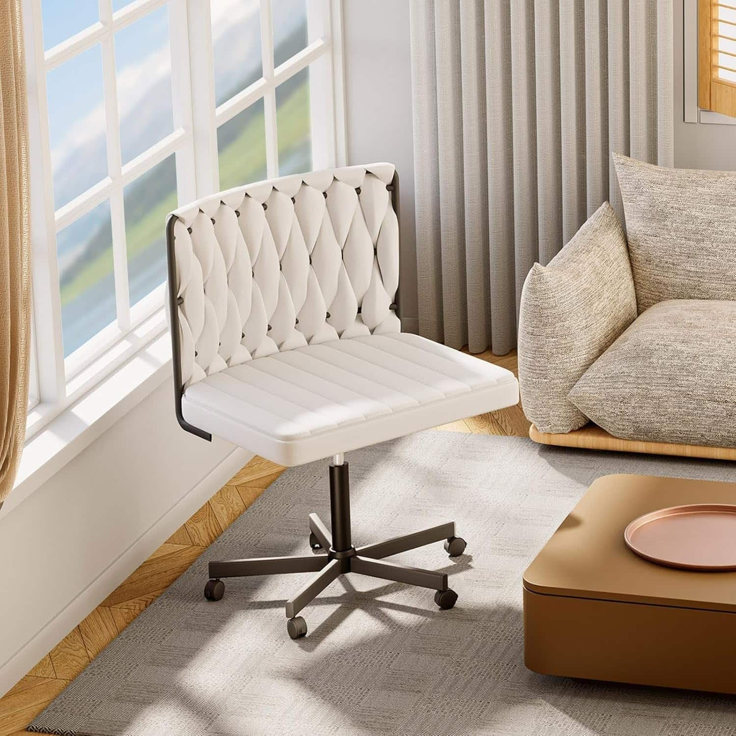 U-HOMY - Oversize Armless Home Office Chair with Wide Seat, Wheels, Adjustable Height & 135° Tilt Back - White