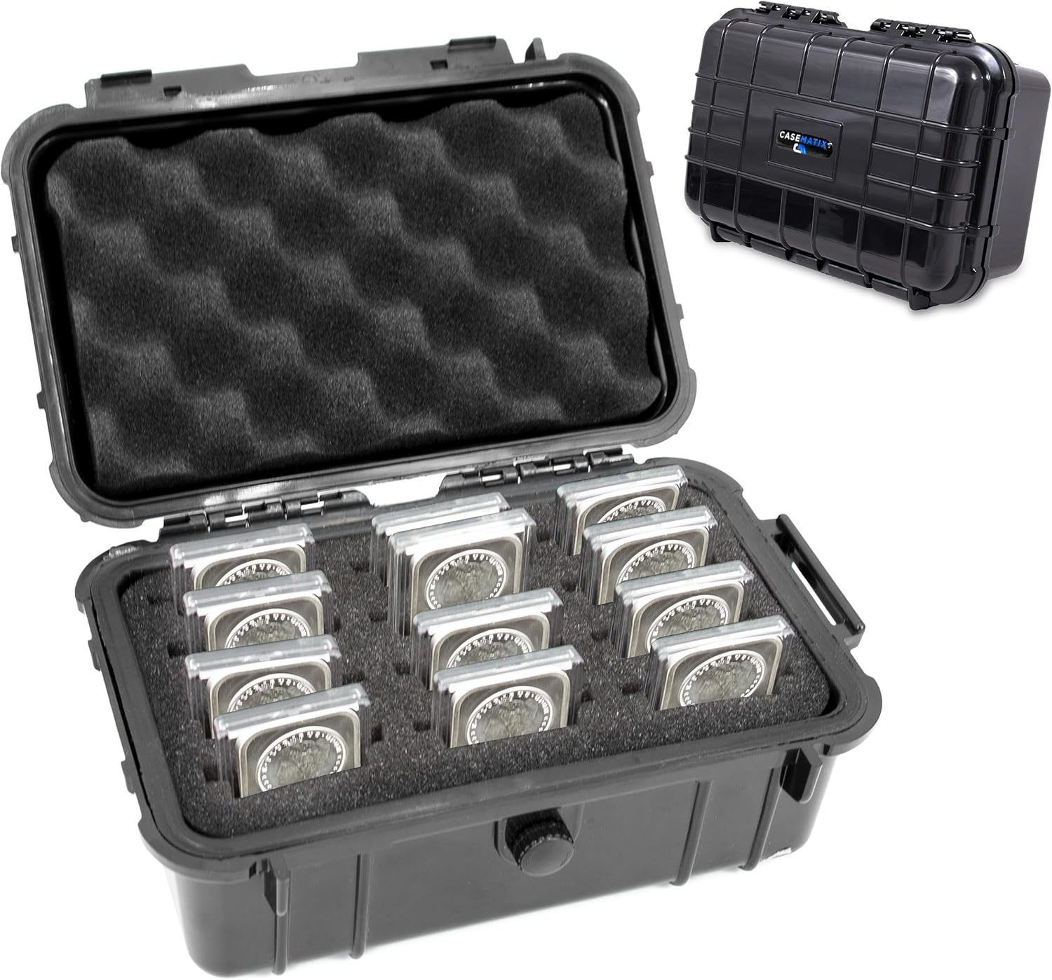 Front. CASEMATIX - 1 oz Silver Bar Case Holds 12 Capsules or Bars - Waterproof Hard Shell Bullion Storage Organizer - Black.