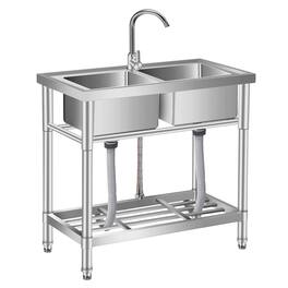 GARVEE - 33 Inch Stainless Steel Utility Sink, Freestanding Double Bowl Laundry Sink w/Hot & Cold Water Faucet - Silver