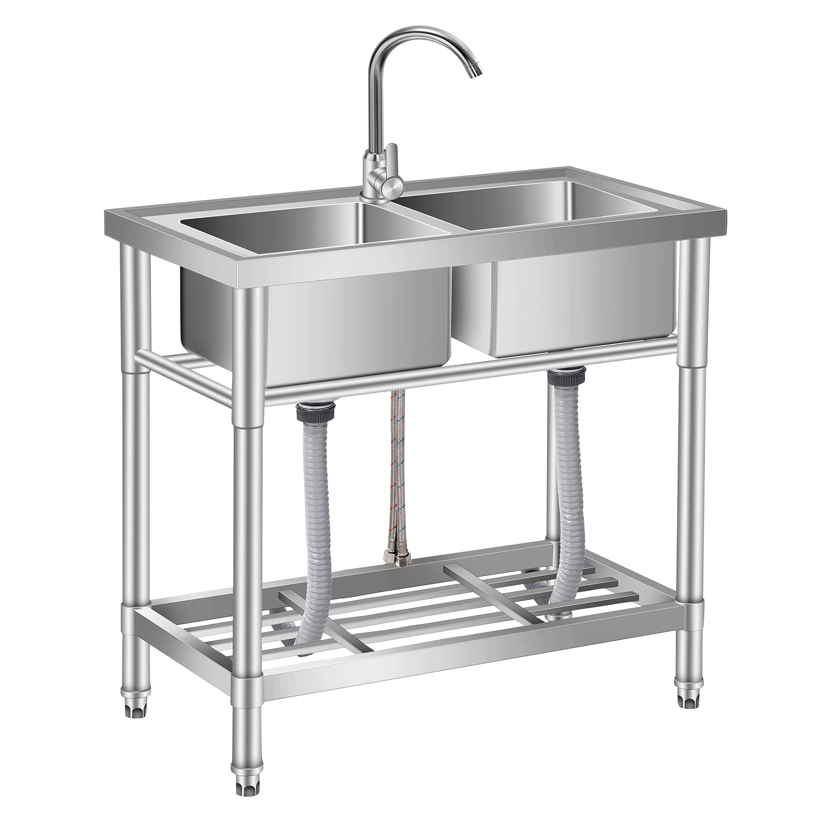 Front. GARVEE - 33 Inch Stainless Steel Utility Sink, Freestanding Double Bowl Laundry Sink w/Hot & Cold Water Faucet - Silver.