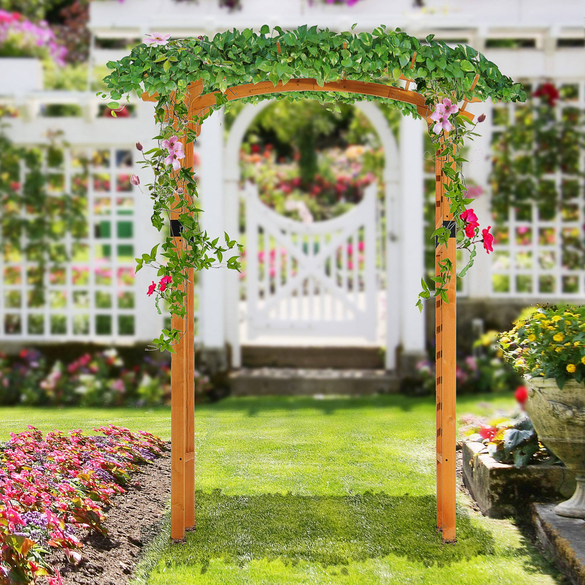Alt View 1. Outsunny - 90in Wood Garden Arbor Arch with Trellis Wall for Climbing & Hanging Plants, Decor for Party, Weddings - Wood.
