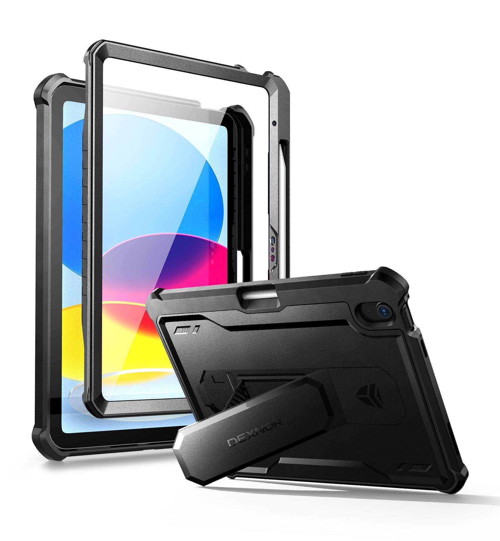 Angle. Dexnor - For iPad 10th Gen/ipad 11th Gen Case with Built-in Screen Protector, Pencil Holder Heavy Duty Shockproof Full Body Cover - Black.