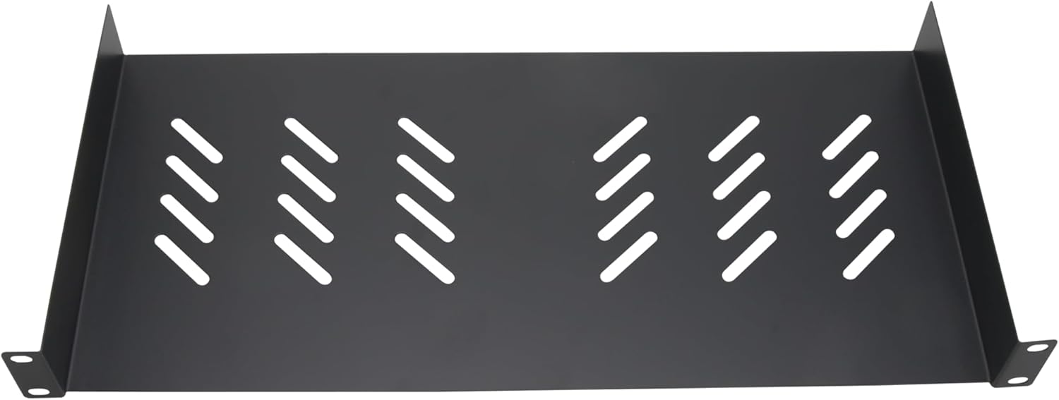 Angle. Cables Direct Online - 1U 19" Vented Server Rack Shelf - 8" (210mm) Deep No-Lip Steel Tray, 11lb Capacity  for Network Racks & Cabinets - Black.