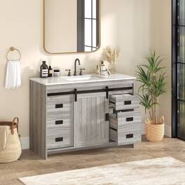 U-HOMY - Farmhouse Bathroom Vanity with Ceramic Countertop, Sliding Barn Door and Storage Drawers for Organized Spaces - 48"- Grey