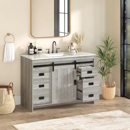 Front. U-HOMY - Farmhouse Bathroom Vanity with Ceramic Countertop, Sliding Barn Door and Storage Drawers for Organized Spaces - 48"- Grey.