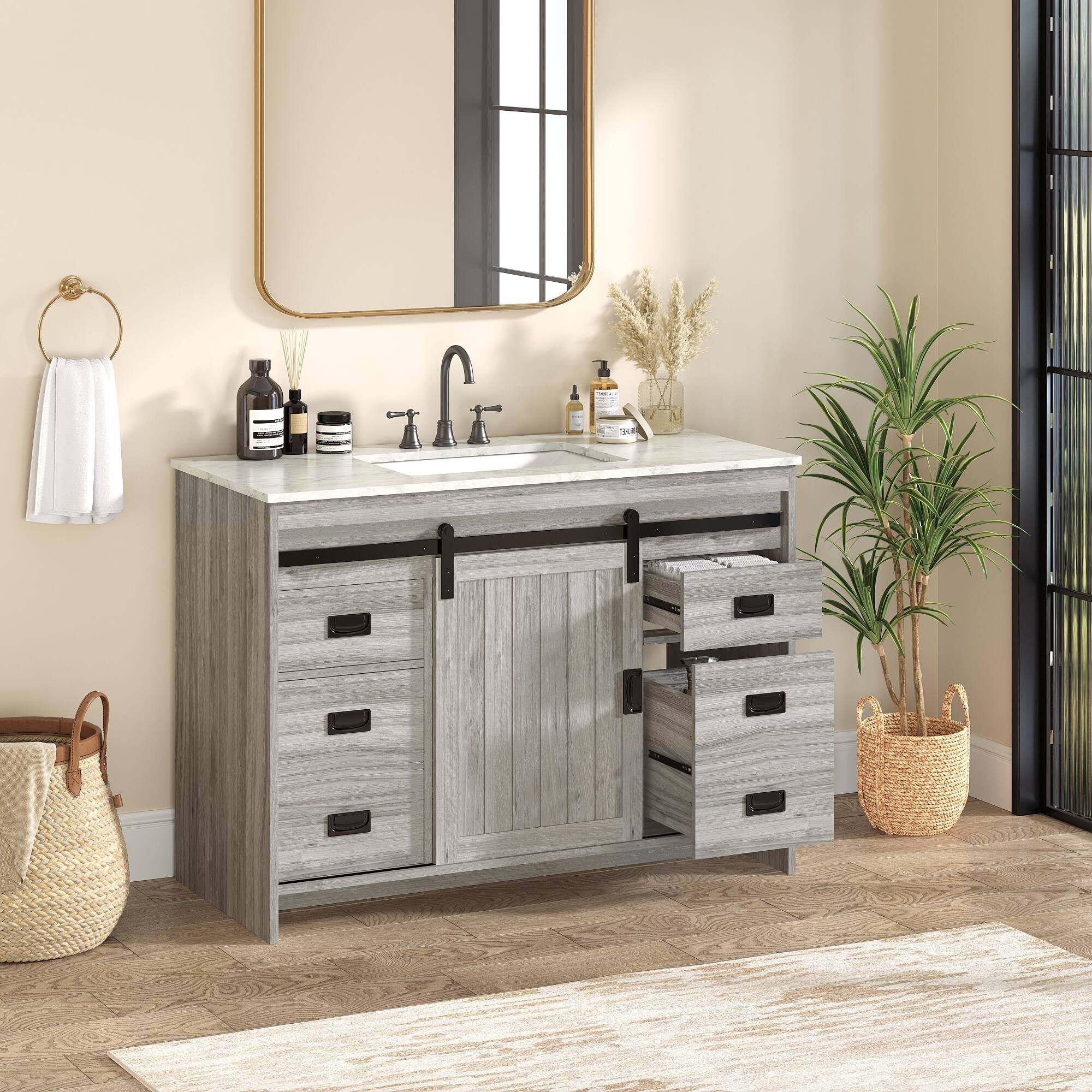 Front. U-HOMY - Farmhouse Bathroom Vanity with Ceramic Countertop, Sliding Barn Door and Storage Drawers for Organized Spaces - 48"- Grey.