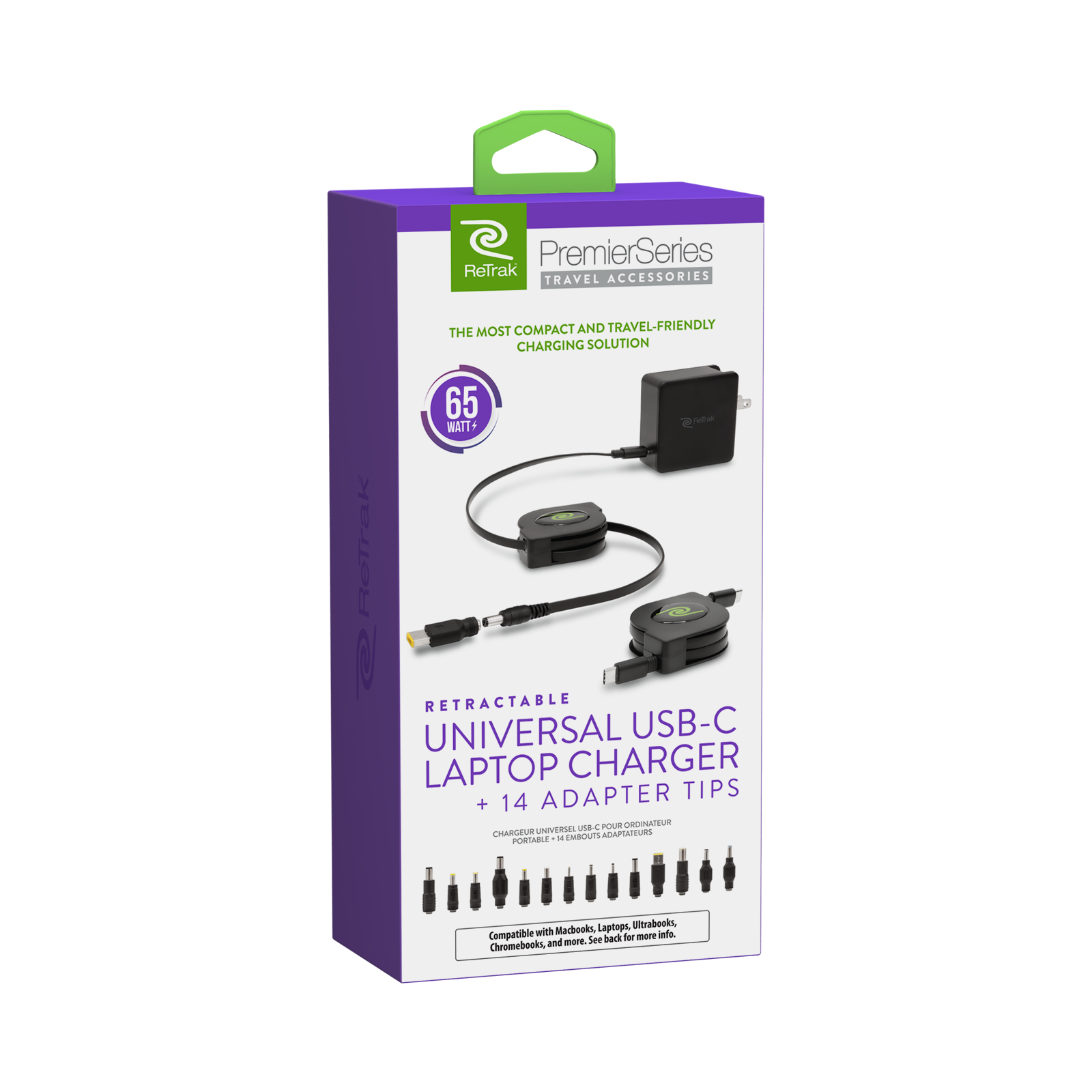 SC PremierSeries ReTrak ACCESSORIES TRAVEL THE MOST COMPACT AND TRAVEL-FRIENDLY CHARGING SOLUTION 65 WATT ReTrak RETRACTABLE UNIVERSAL USB-C LAPTOP CHARGER ADAPTER TIPS + 14 ADAPTER TIPS. Compatible with MacBooks, Laptops, Ultrabooks, Chromebooks, and more.