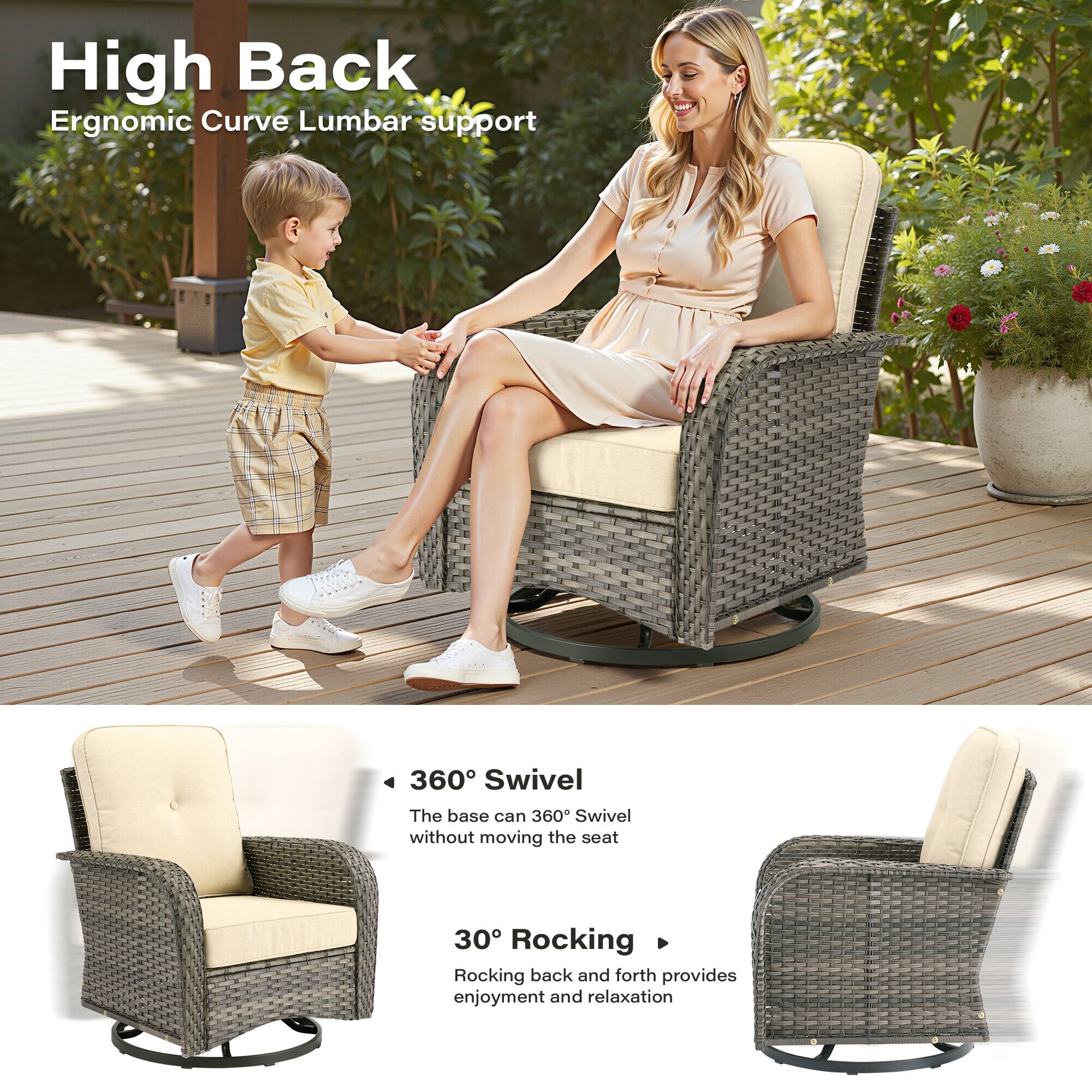High Back  
Ergonomic Curve Lumbar support  

360° Swivel  
The base can 360° Swivel without moving the seat  

30° Rocking  
Rocking back and forth provides enjoyment and relaxation