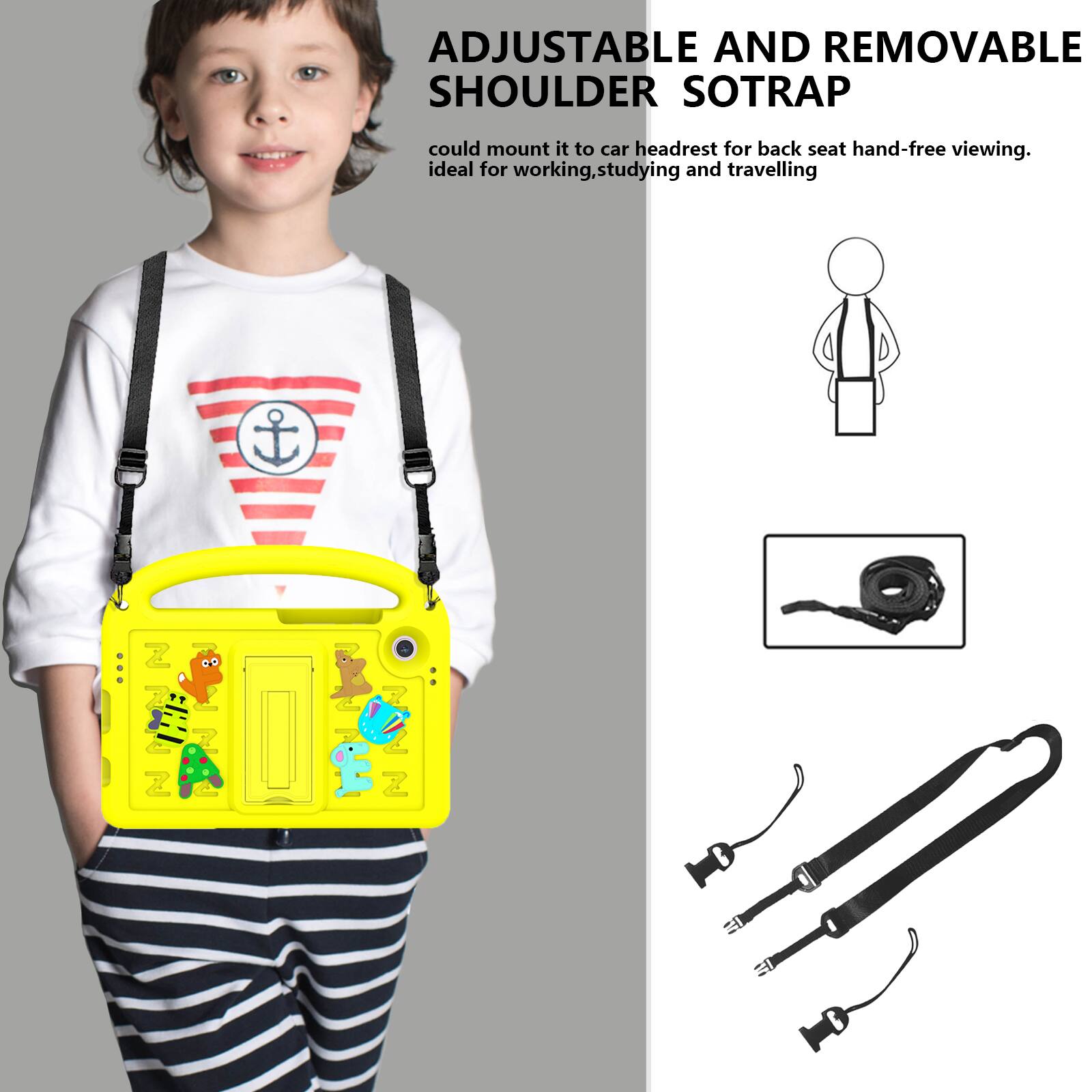 ADJUSTABLE AND REMOVABLE SHOULDER SOTRAP

could mount it to car headrest for back seat hand-free viewing. ideal for working, studying and travelling