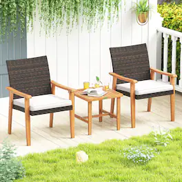 Gymax - 3 PCS Patio PE Wicker Furniture Set w/Coffee Table & Cushions for Front Porch Outdoor - White