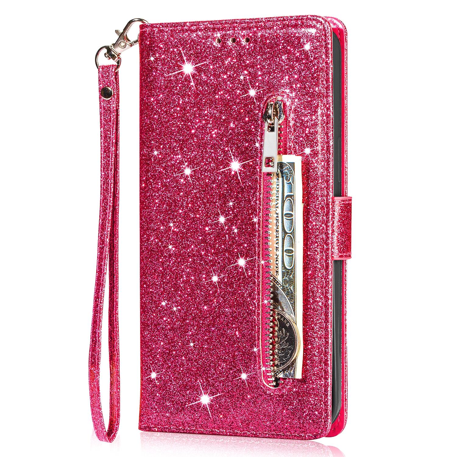 Alt View 1. Dteck - Bling Glitter Sparkly Zipper Wallet Card Case for iPhone 17 Pro Max, Shockproof PU Leather Holder Strap Cover - Rose.
