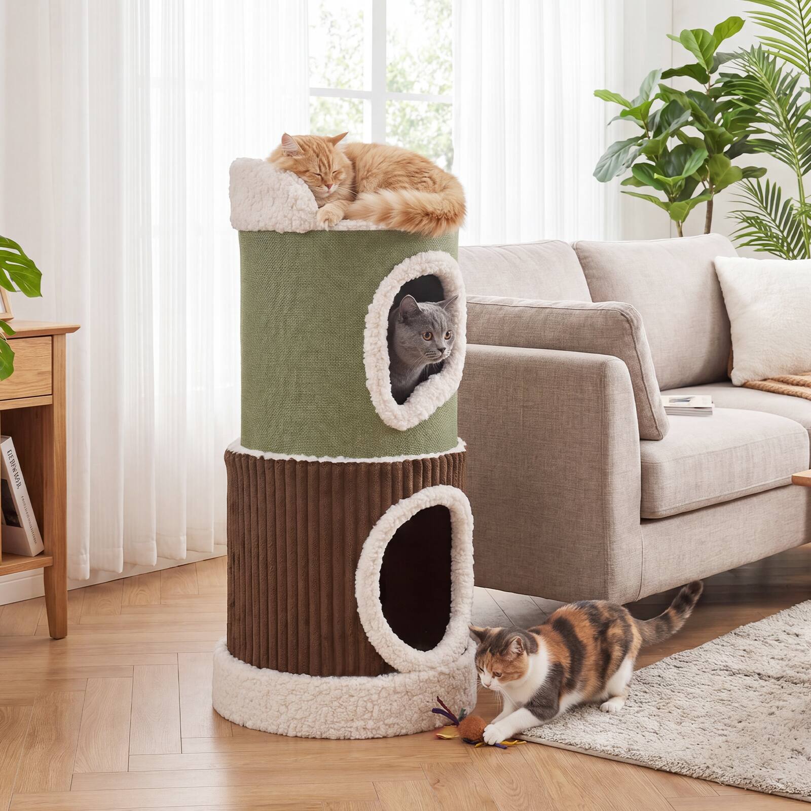 Alt View 3. Gymax - Gymax Barrel-Shaped Cat House w/Top Perch & Double Spacious Condos Interior Mats.