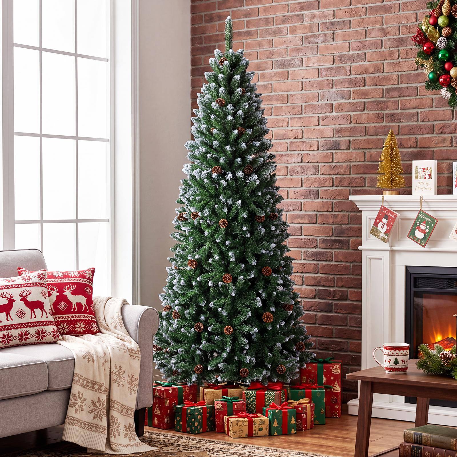 Alt View 4. Costway - 7 ft Frosted Pencil Christmas Tree Hinged with 39 Pine Cones - Green/White.
