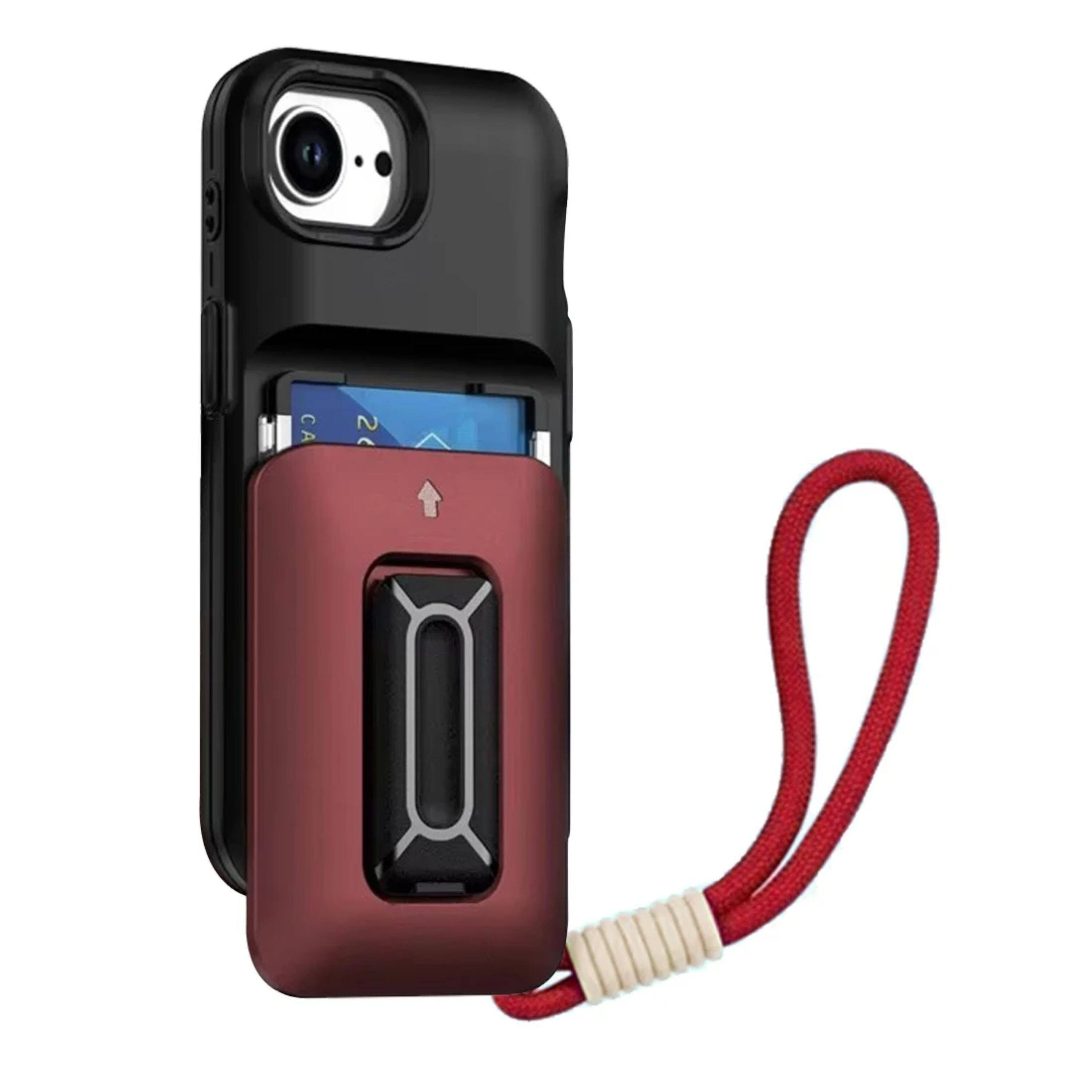 Angle. Kitcheniva - Matte Finish Phone Case With Card Holder Kickstand Strap Tempered Glass For iPhone 16e/17e Black Red - Black Red.