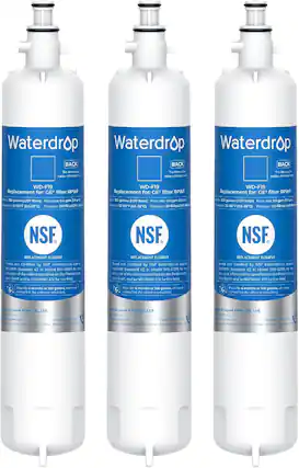 Waterdrop Waterdrop Waterdrop
BACK BACK BACK
WD-F19 Replacement for: GE filter RPWF
300 gallons (1,137 litres)
Flow rate: 0.5 gpm (19 lpm)
Temperature: 33-100°F (0.6-38°C)
Pressure: 20-100 psi (140-690 kPa)
NSF
REPLACEMENT ELEMENT
Tested and Certified by NSF International against NSF/ANSI Standard 42 for chlorine reduction and NSF/ANSI Standard 53 for lead reduction. The claims specified on the Performance Data Sheet and NSF/ANSI 372 low lead.
Filter life: 6 months or 300 gallons, whichever comes first (for chlorine reduction).
Made in China V043
EPA Est. No. 15330-CHN
Waterdrop Filter Co., Ltd.
Jiangsu Road, Jinmao, Qingdao, China
Waterdrop Waterdrop Waterdrop
BACK BACK BACK
WD-F19 Replacement for: GE filter RPWF
300 gallons (1,137