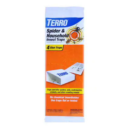 TERRO Spider & Household Insect Traps
Trampar e araas 1 meo css 4 Glue Traps
TERRO Traps and kills: spiders, ants, cockroaches, crickets, and other crawling insects
No chemical insecticides*
Use traps flat or folded
CONTAINS 4 TRAPS/TRAMPAS - 4 in 1
0 e (1 16cm 1 DE 4om)
Instructions on back
ccne . c - net contai - petce atve ingrients