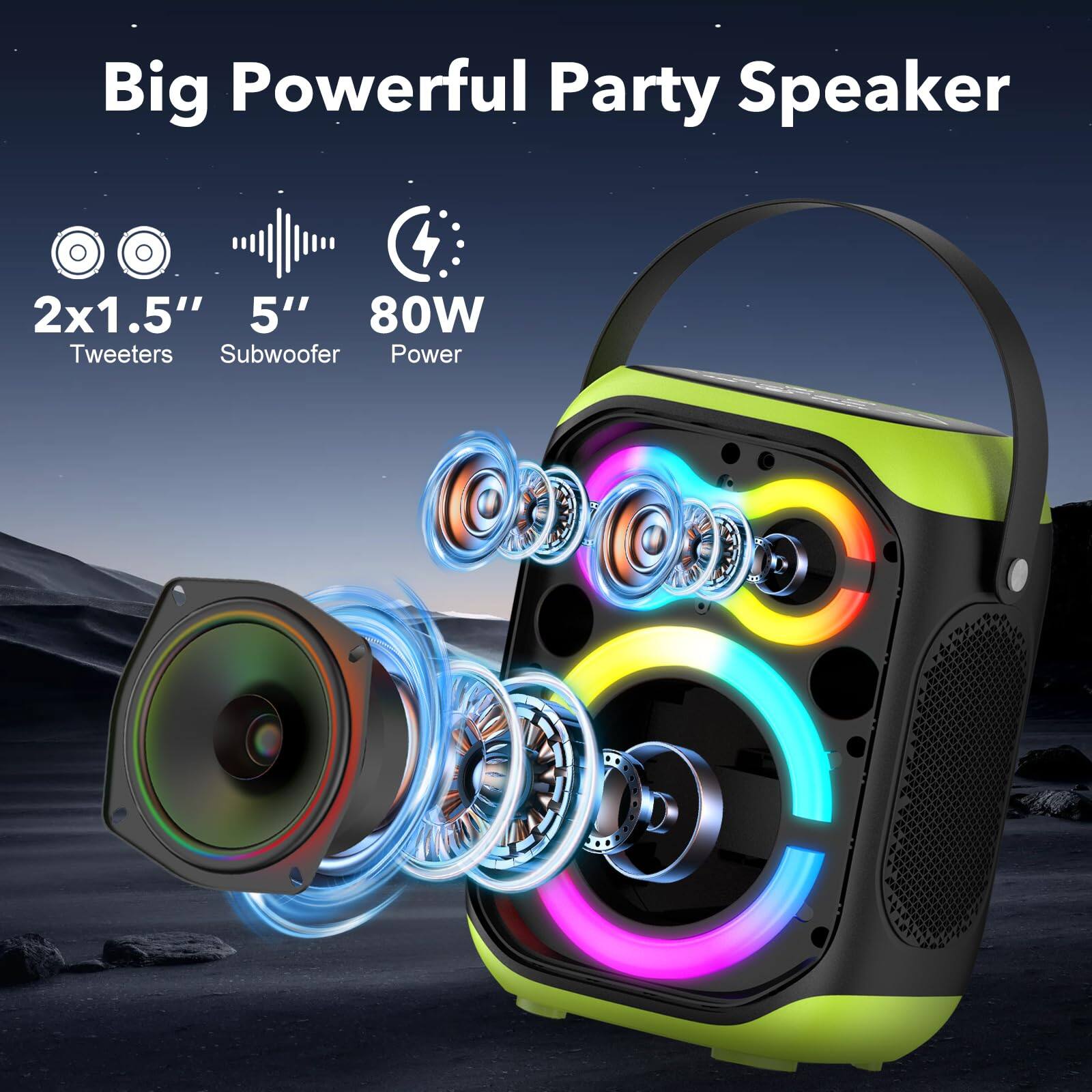 Big Powerful Party Speaker

2x1.5" Tweeters  
5" Subwoofer  
80W Power