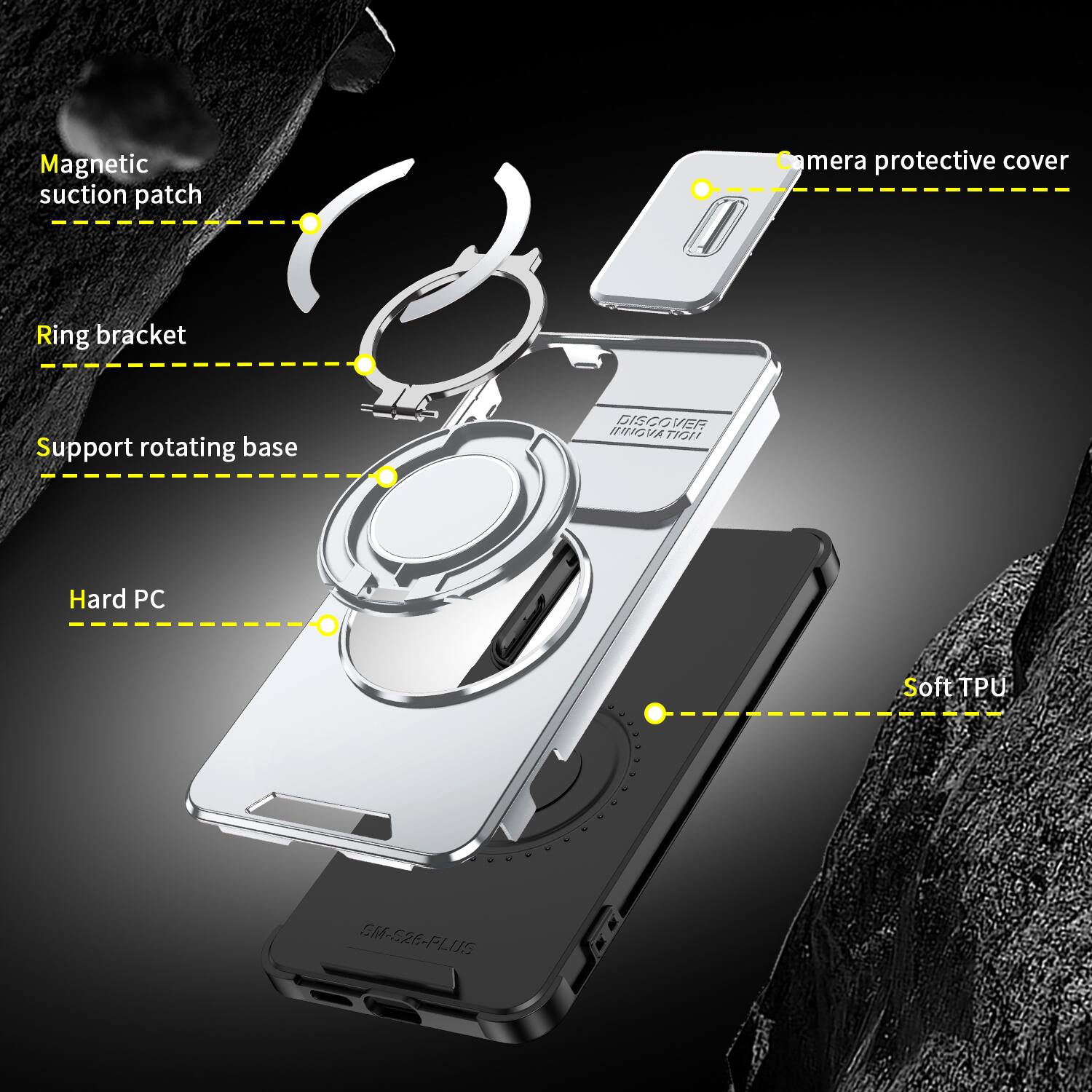 Magnetic suction patch  
Camera protective cover  
Ring bracket  
Support rotating base  
DISCOVER INNOVATION  
Hard PC  
Soft TPU  
SM-S26-PLUS