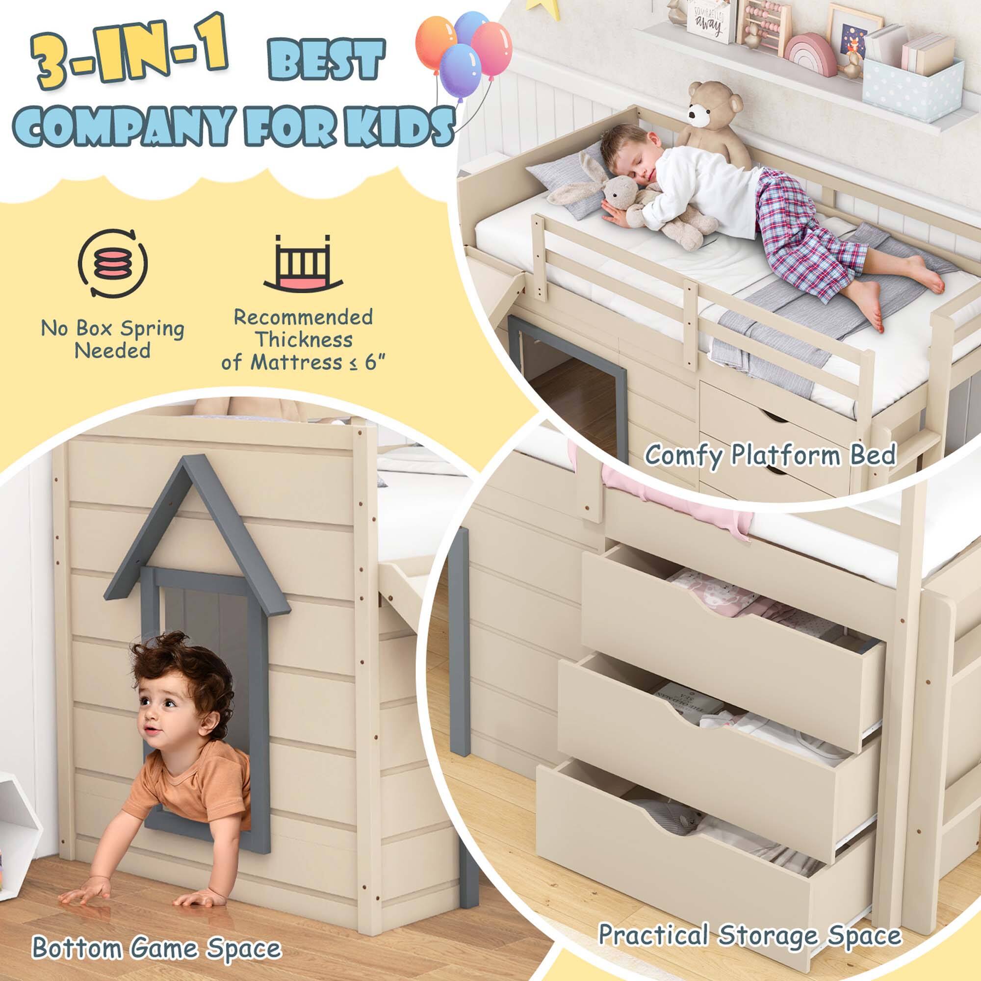 Alt View 4. Costway - Costway Twin Low Loft bed with Slide Ladder Storage Drawers Play Game Space Wooden - Beige,Gray.