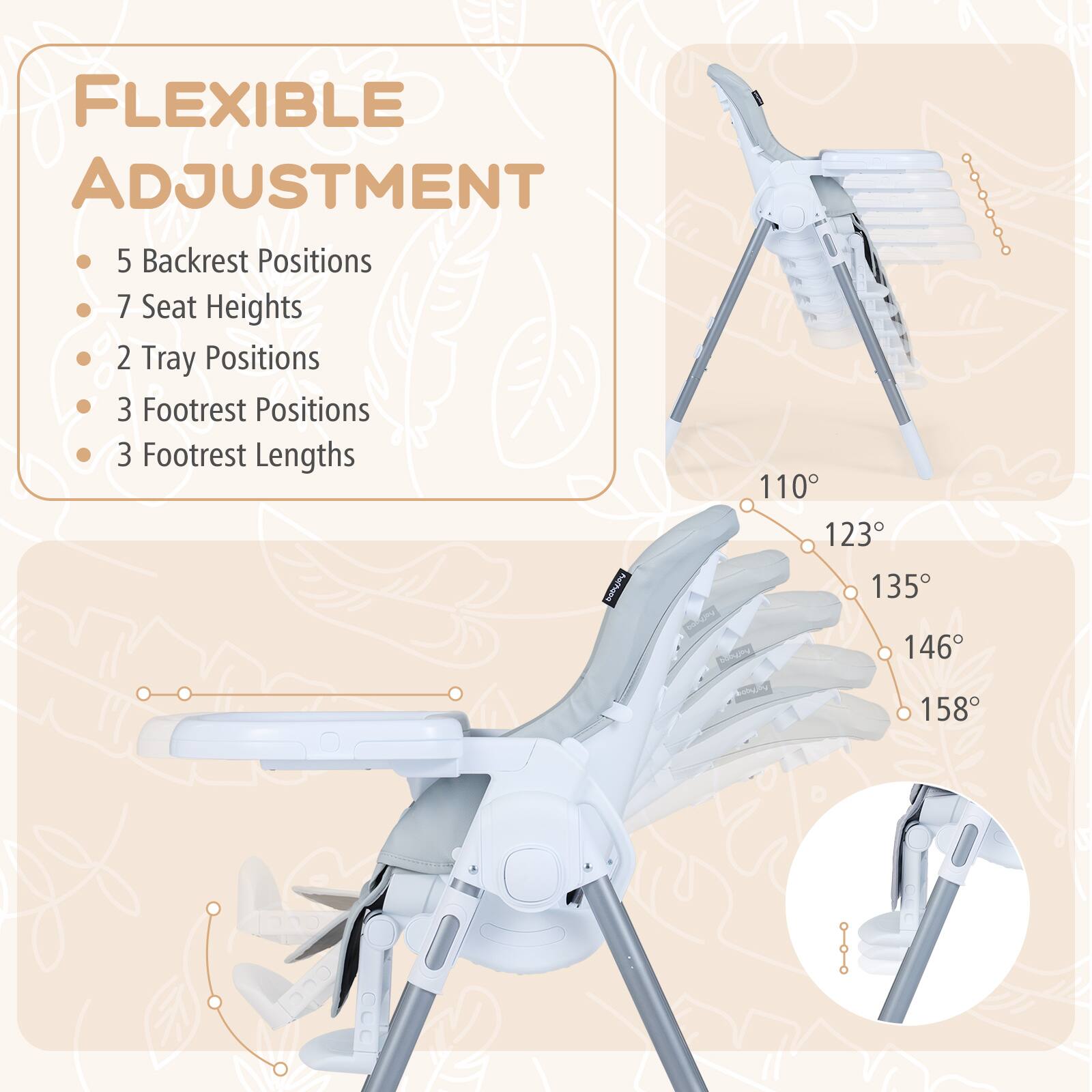 FLEXIBLE ADJUSTMENT

- 5 Backrest Positions
- 7 Seat Heights
- 2 Tray Positions
- 3 Footrest Positions
- 3 Footrest Lengths

110° 123° 135° 146° 158°
