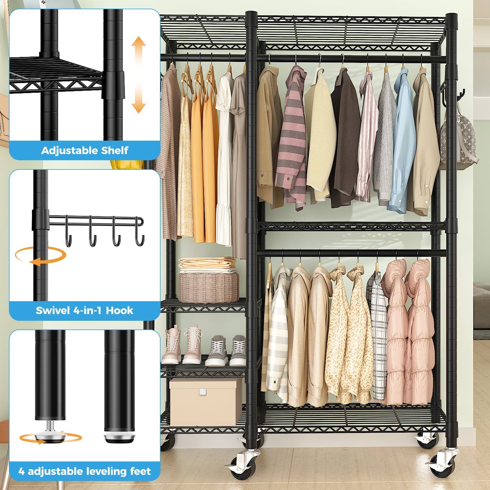 Adjustable Shelf  
Swivel 4-in-1 Hook  
4 adjustable leveling feet