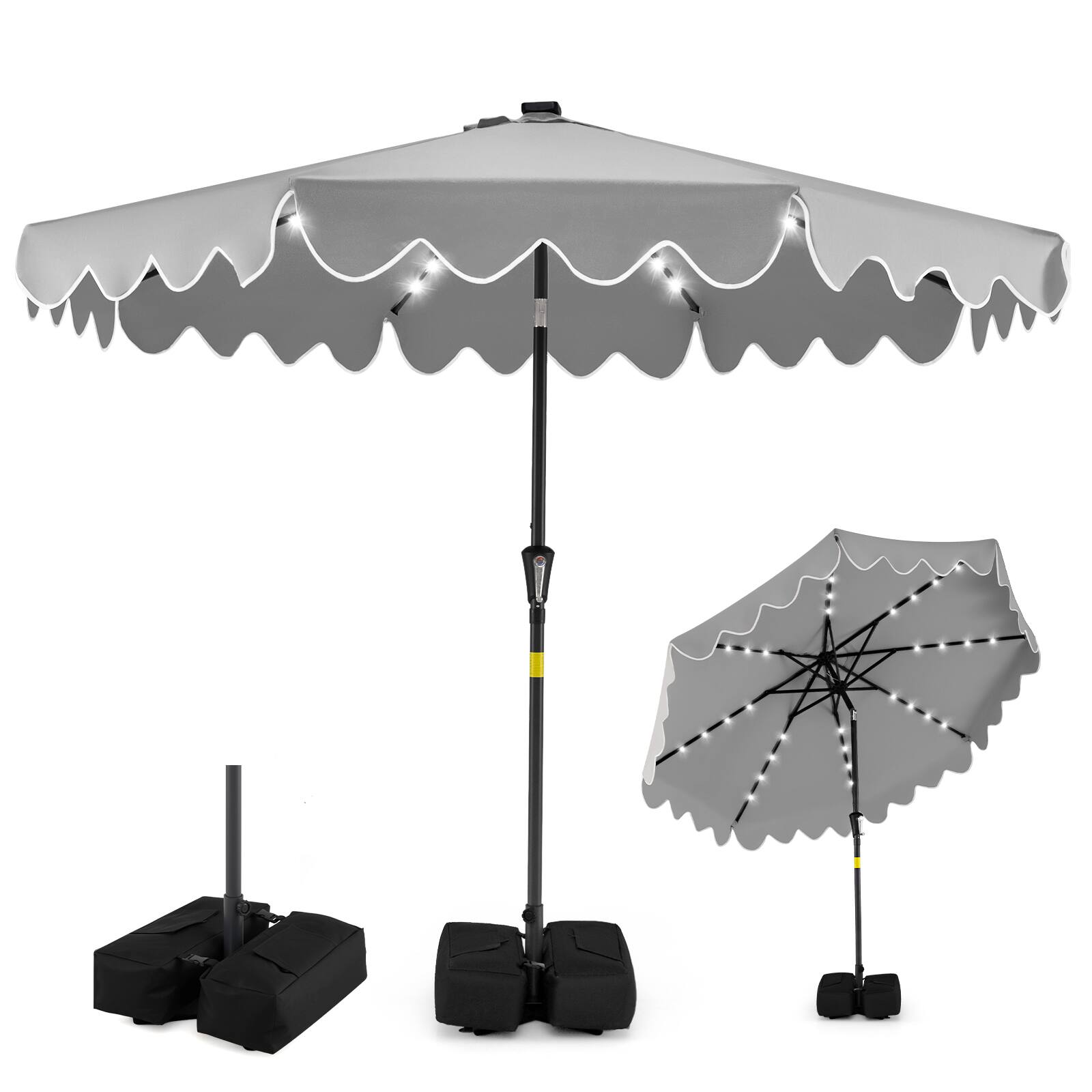 Alt View 9. Gymax - Gymax 9 FT Outdoor Patio Umbrella w/32 Solar LED Lights & Weighted Base Sandbags Gray - Grey.