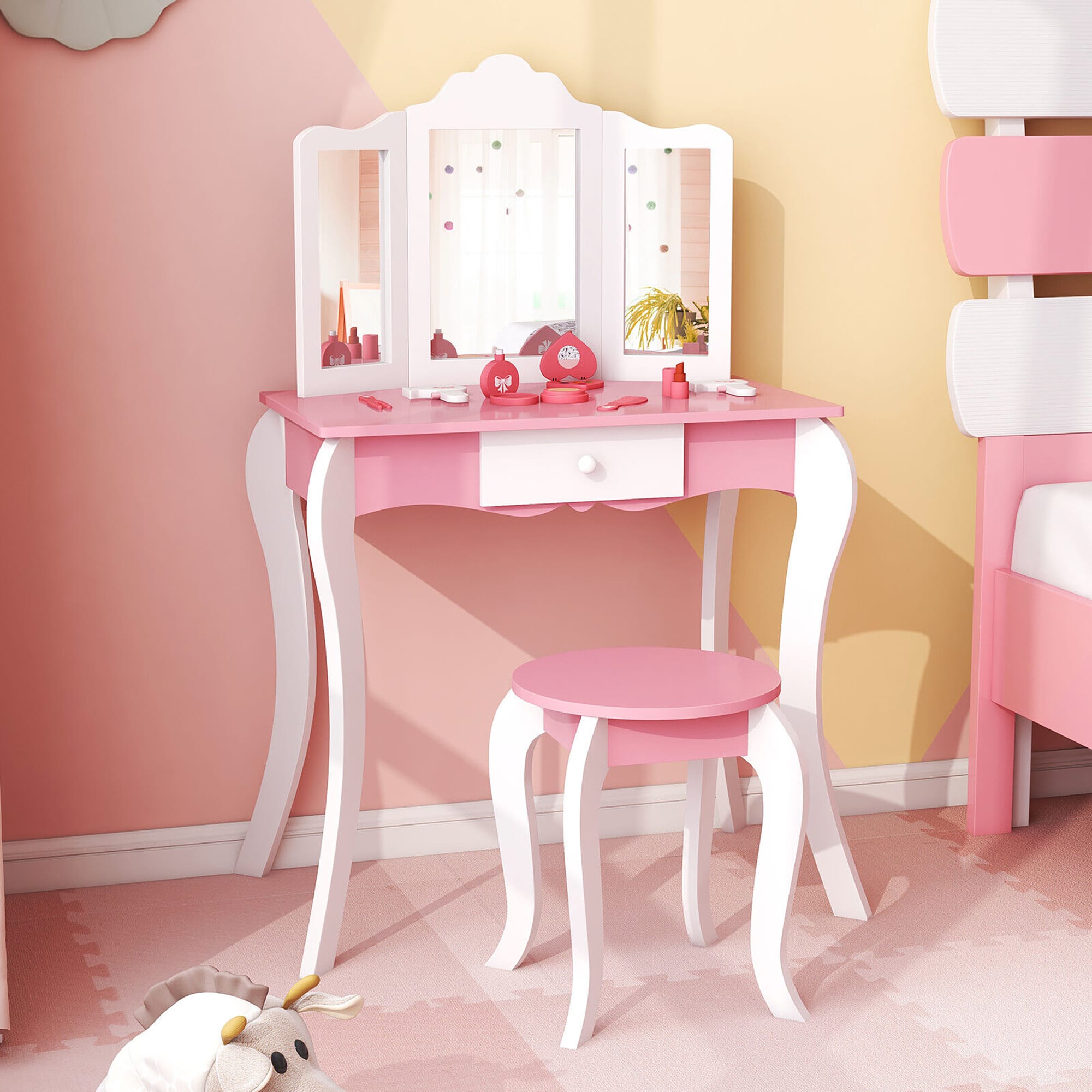 Gymax - Kid Vanity Table and Chair Detachable Tri-Folding Mirror Pretend Play Makeup Set - Pink, White price history on PriceWatchPro