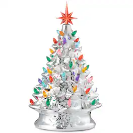 Casafield - 15-in Hand Painted Ceramic Christmas Tree - Pre-Lit Tree with Star - Silver