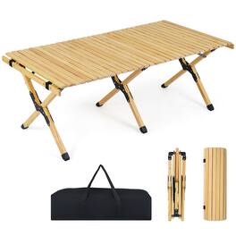 Costway - Folding Camping Table, Portable Roll-Up Pine Wood Picnic Table with Carry Bag - Natural