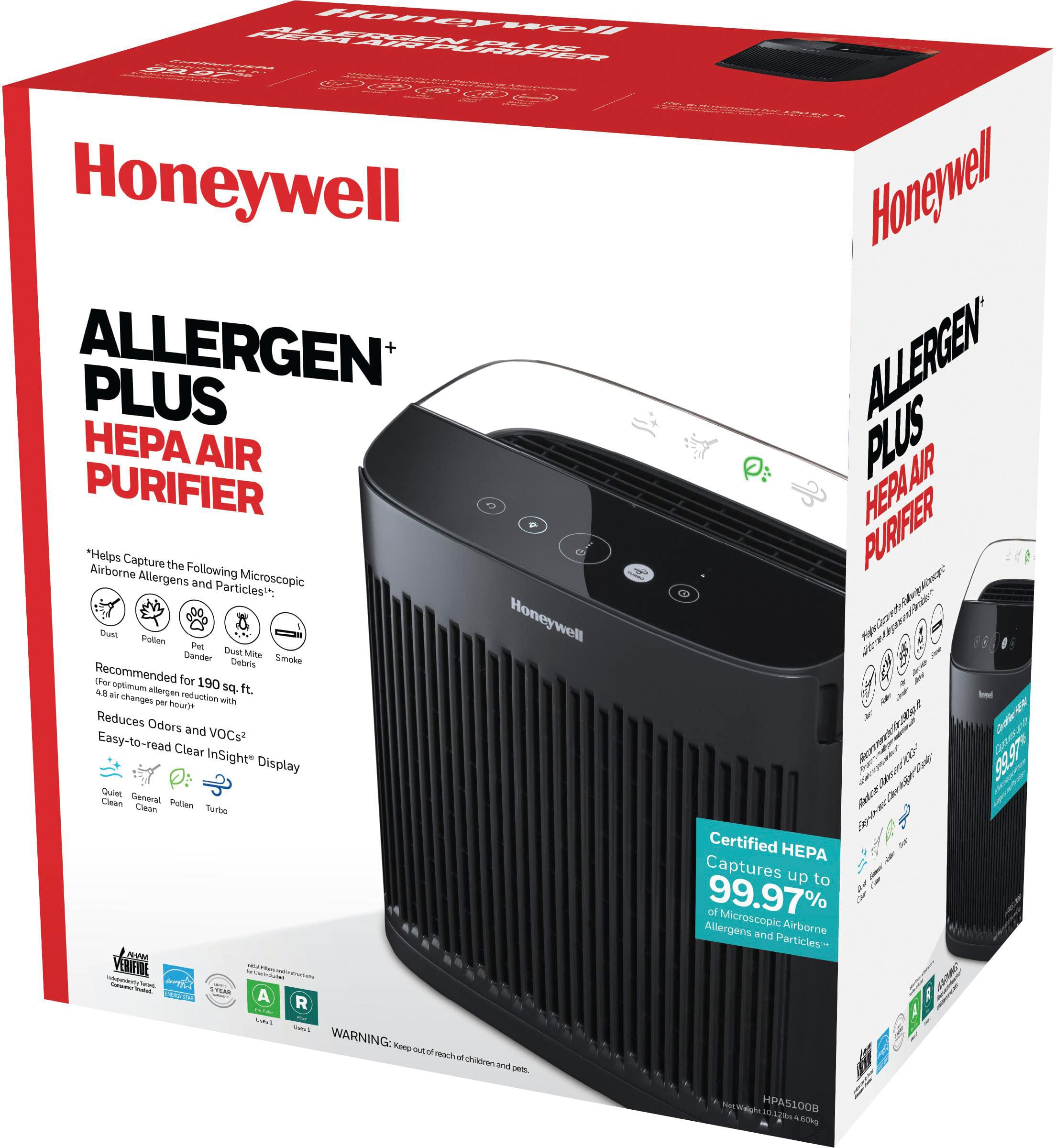 Honeywell Allergen Plus HPA Air Purifier. Helps capture airborne allergens and particles. Microscopic dust, pollen, mold spores, and pet dander. Recommended for optimum allergen reduction. Easy-to-read clear InSight display. Certified HEPA captures up to 99.97% of microscopic allergens and airborne particles. Reduces odors and VOCs. Easy-to-clean pre-filter. General Clean filter. TurboBeam technology. 99.99% of particles as small as 0.3 microns. 4.8 optimum allergen changes. Reduces odors and VOCs. Easy-to-read clear InSight display. 99.99% of particles as small as 0.3 microns. 4.8 optimum allergen changes. Reduces odors and VOCs. Easy-to-read clear InSight display. 99.99% of particles as small as 0.3 microns. 4.8 optimum allergen changes. Reduces odors and VOCs. Easy-to-read clear InSight display. 99.99% of particles as small as 0.3 microns. 4.8 optimum allergen changes. Reduces odors and VOCs. Easy-to-read clear InSight display. 99.99% of particles as small as 0.3 microns. 4.8 optimum allergen changes. Reduces odors and VOCs. Easy-to-read clear InSight display. 99.99% of particles as small as 0.3 microns. 4.8 optimum allergen changes. Reduces odors and VOCs. Easy-to-read clear InSight display. 99.99% of particles as small as 0.3 microns. 4.8 optimum allergen changes. Reduces odors and VOCs. Easy-to-read clear InSight display. 99.99% of particles as small as 0.3 microns. 4.8 optimum allergen changes. Redu