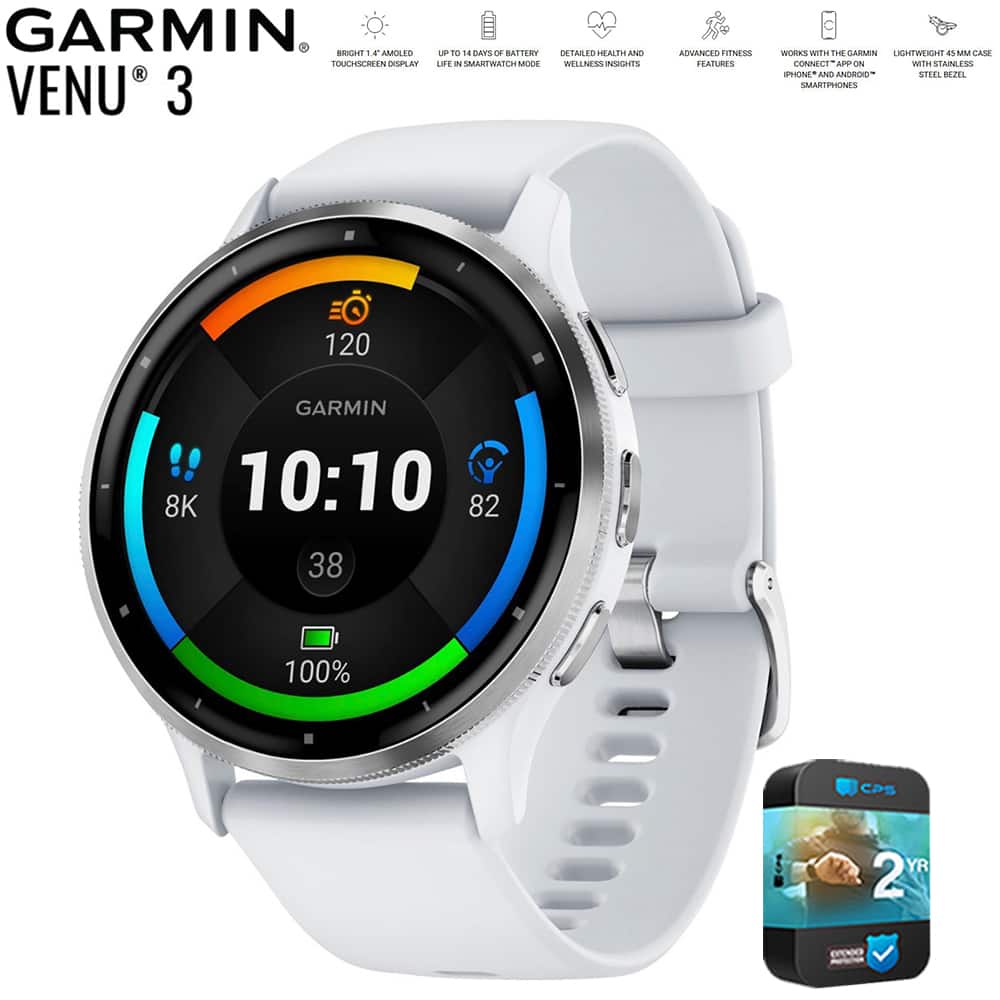 GARMIN VENU 3

- BRIGHT 1.4 AMOLED TOUCHSCREEN DISPLAY
- UP TO 14 DAYS OF BATTERY LIFE IN SMARTWATCH MODE
- DETAILED HEALTH AND WELLNESS INSIGHTS
- ADVANCED FITNESS FEATURES
- WORKS WITH THE GARMIN KINNECT AND ANDROID SMARTPHONES
- LIGHTWEIGHT 45MM CASE WITH STAINLESS STEEL BEZEL

10:10
8K
38
82
100%

2 YR WARRANTY
